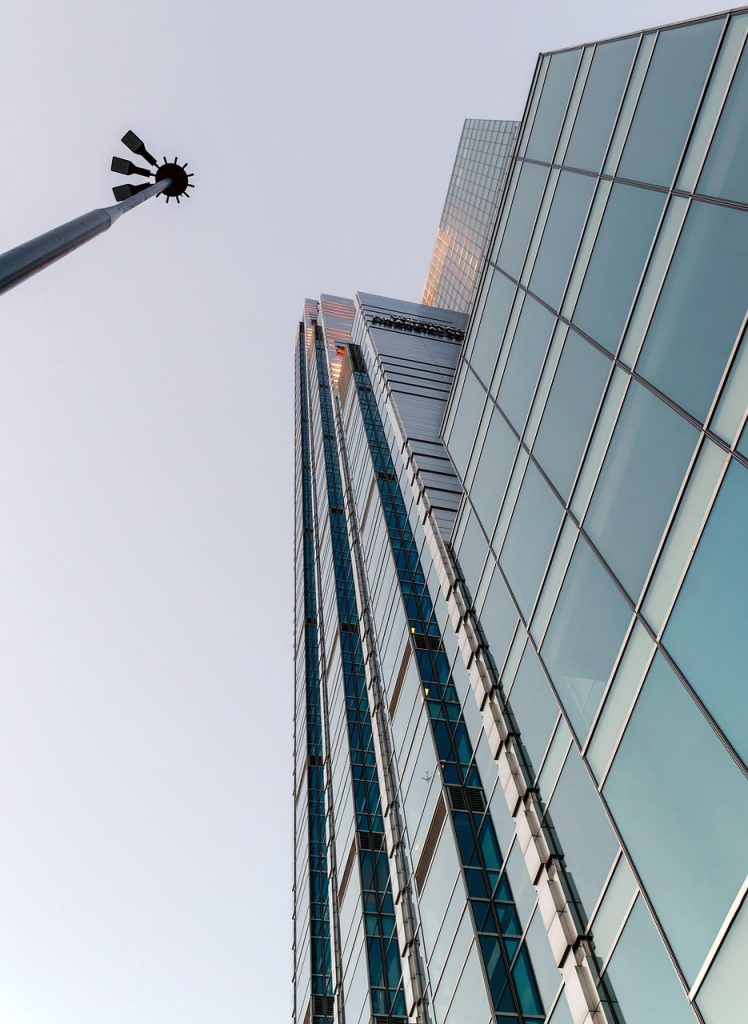building, tower, tall, skyscraper, modern, glass, sky, lamp, urban, metropolis, nature, offices, perspective